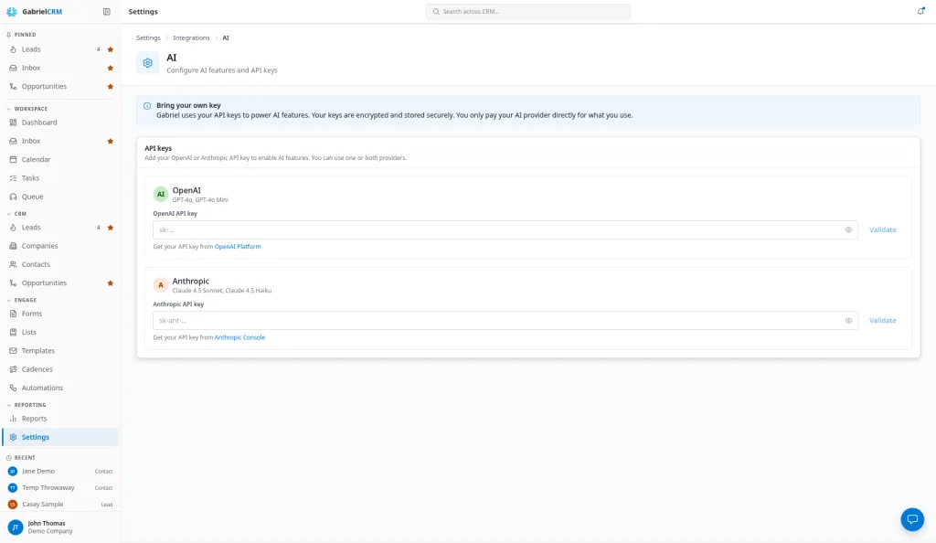 The AI settings page with API key fields for each provider.