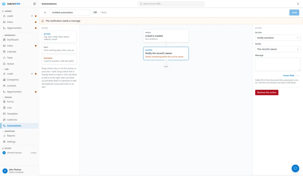 The automation builder with the trigger and blocks on the canvas and the block settings panel on the right.