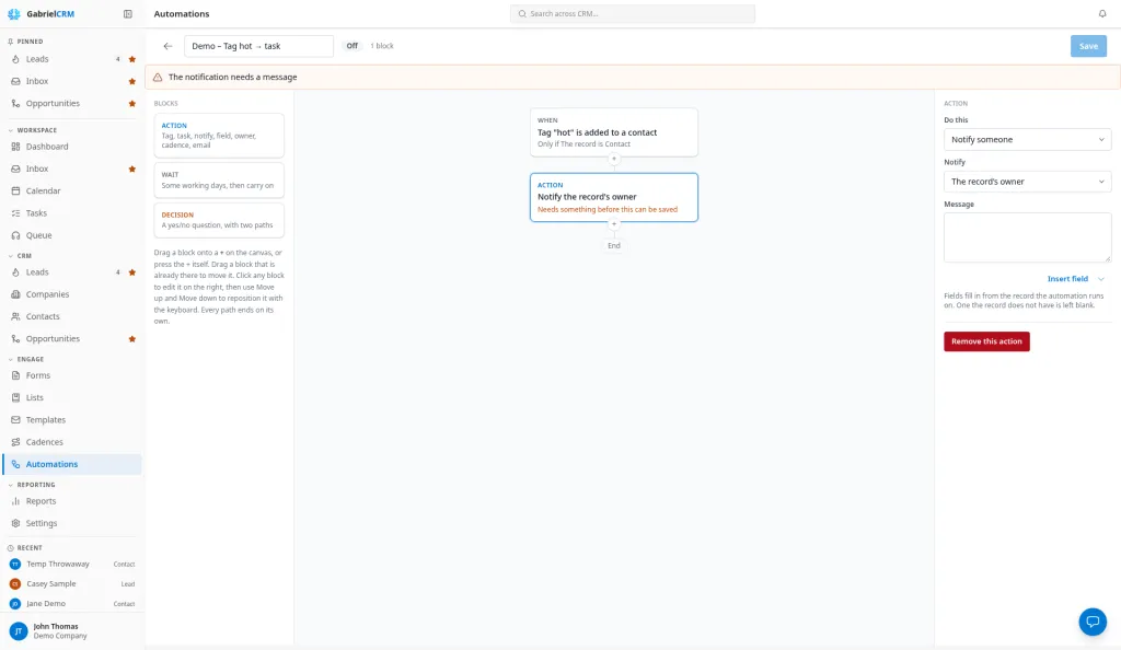 An automation with a block outlined as incomplete and Save turned off until it is filled in.