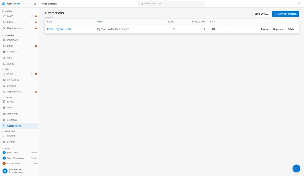 The Automations page listing each automation with its state and runs.