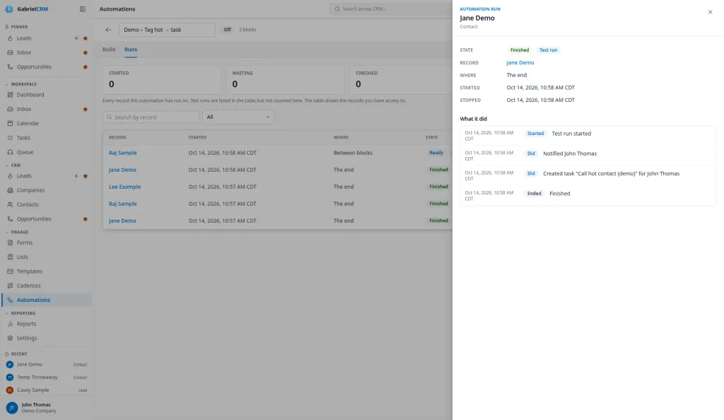 One automation run opened for Jane Demo, listing each step that ran.