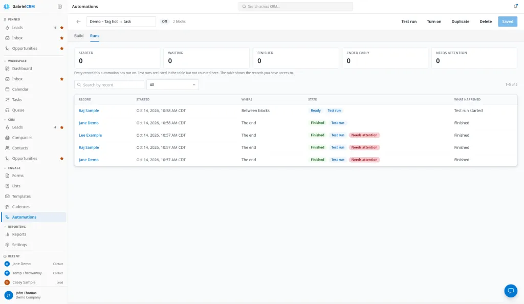 An automation’s run list showing each run’s record, status and result.
