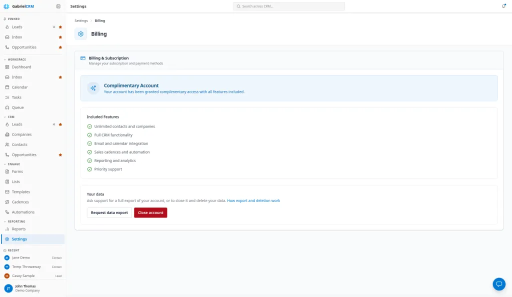 The Billing page showing the current plan and its features.