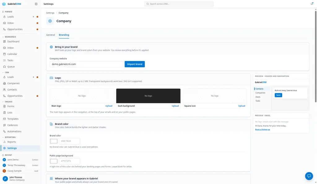 The Branding tab with the logo, brand color and public page background settings.