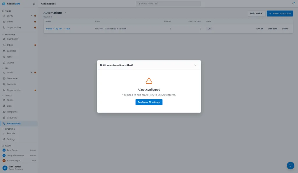 Build with AI showing AI not configured and the Configure AI settings button.
