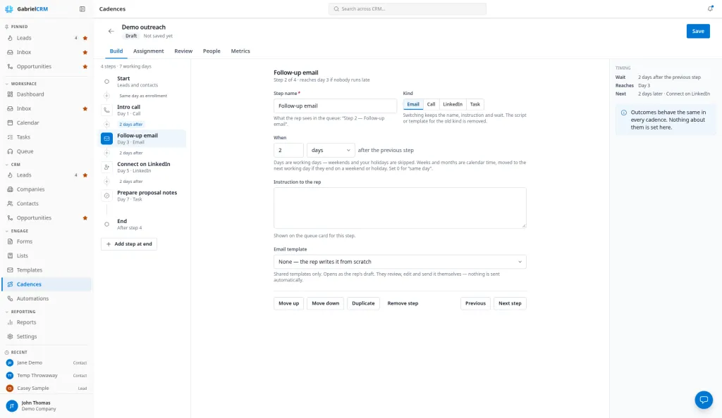 A cadence’s Build tab with the step list on the left and the selected step’s settings.