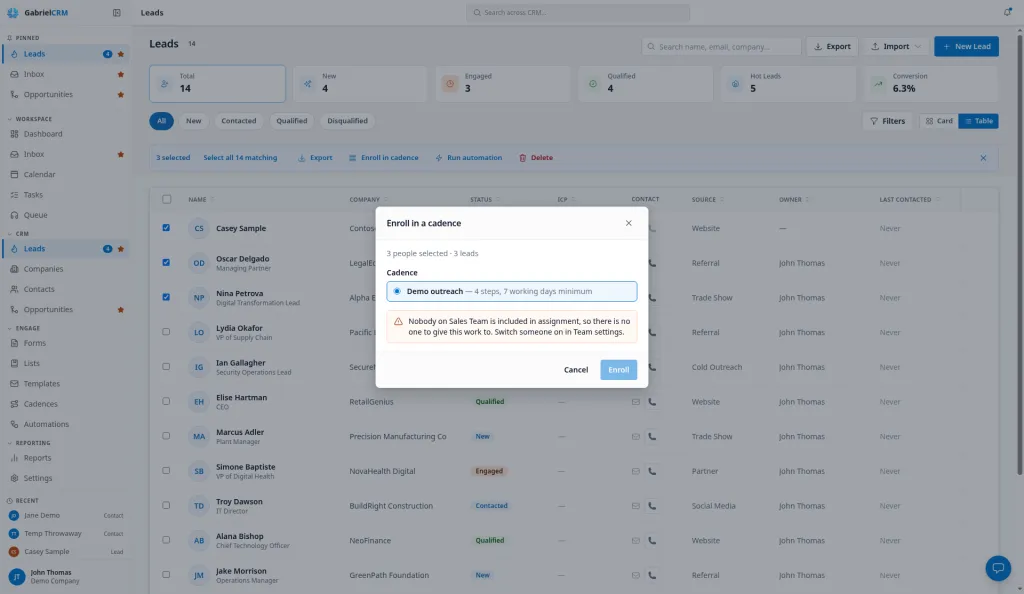 The Enroll in a cadence dialog refusing enrollment because nobody on the team is included in assignment.