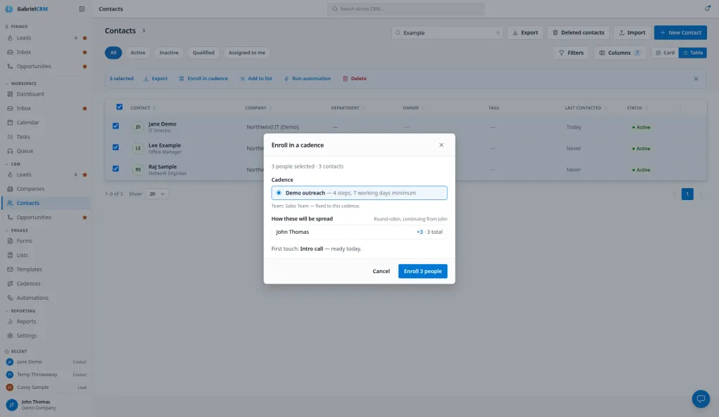 The Enroll in a cadence dialog opened from the Contacts list, with the Cadence picker and Enroll button.