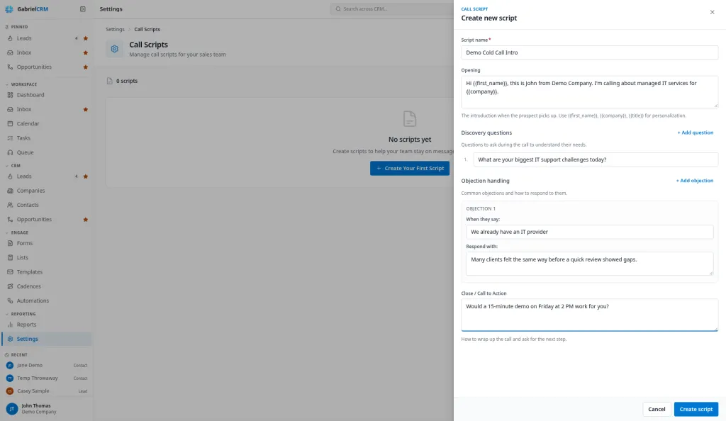 The Create new script panel in Call Scripts with the opener, discovery questions and objection handling.