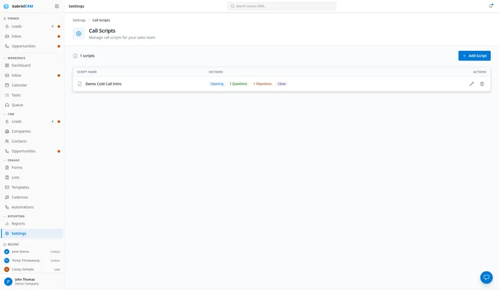The Call Scripts page listing each script with its sections and Edit and Delete buttons.