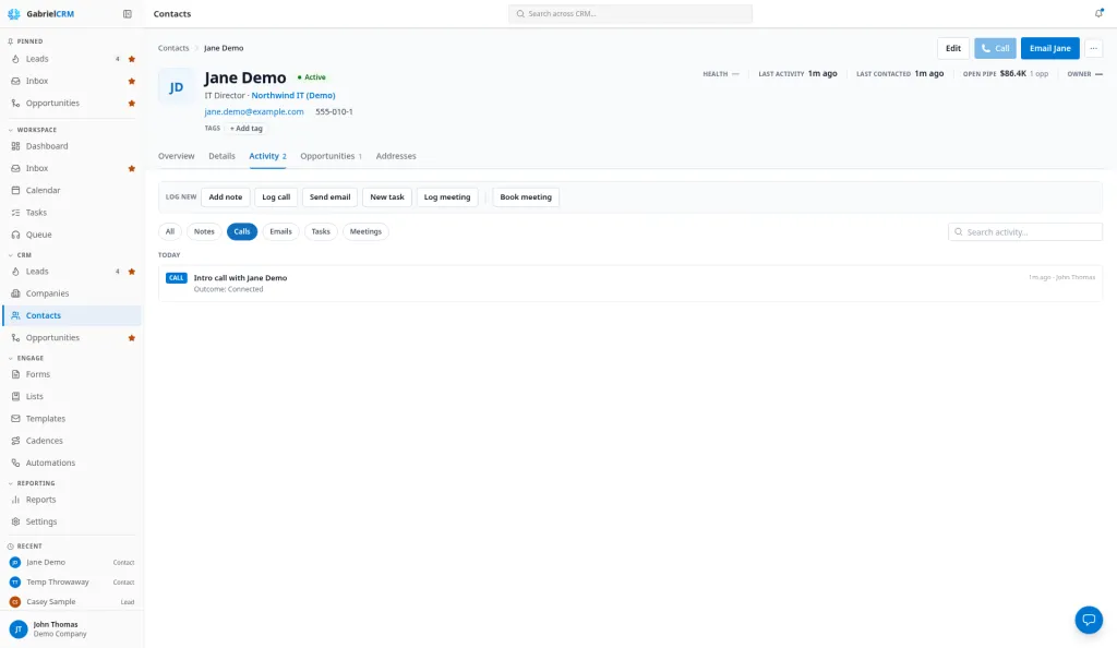 A contact’s Activity tab with the Calls filter selected.