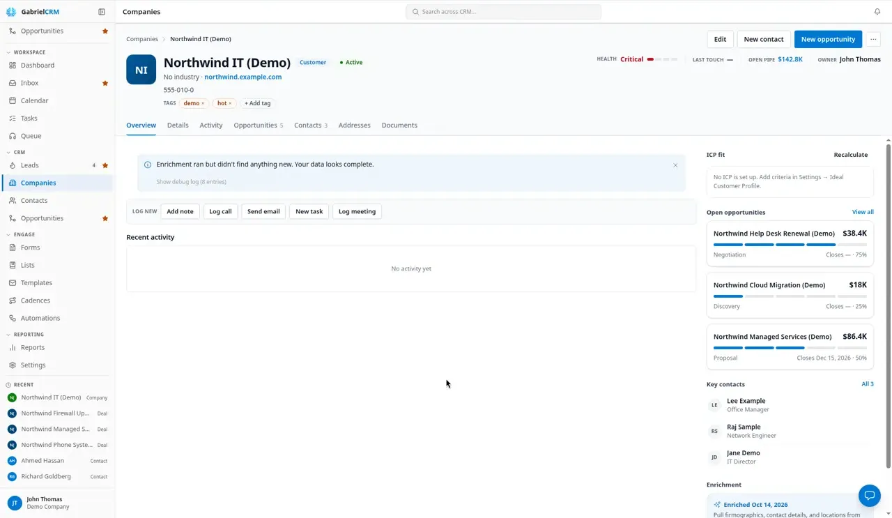 A company page with its header, record tabs, contacts and opportunities.