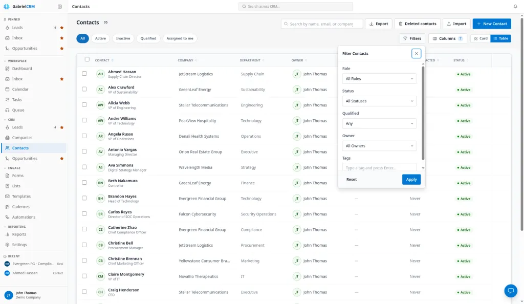 The Contacts list with quick filters and the filter panel open.