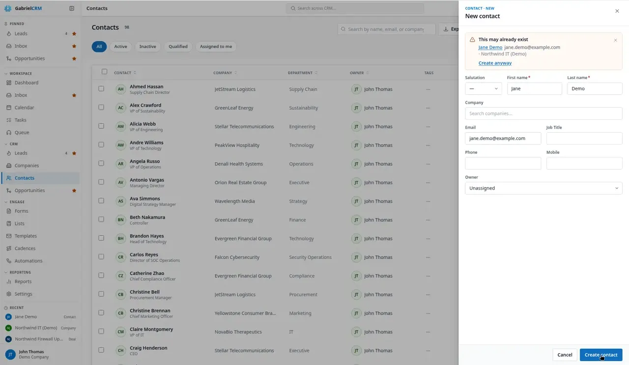 The New contact form showing the This may already exist warning and the Create anyway link.