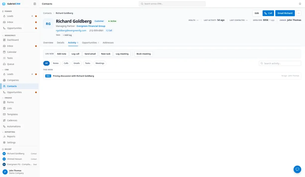 A contact page with the header, the record tabs and the activity timeline.