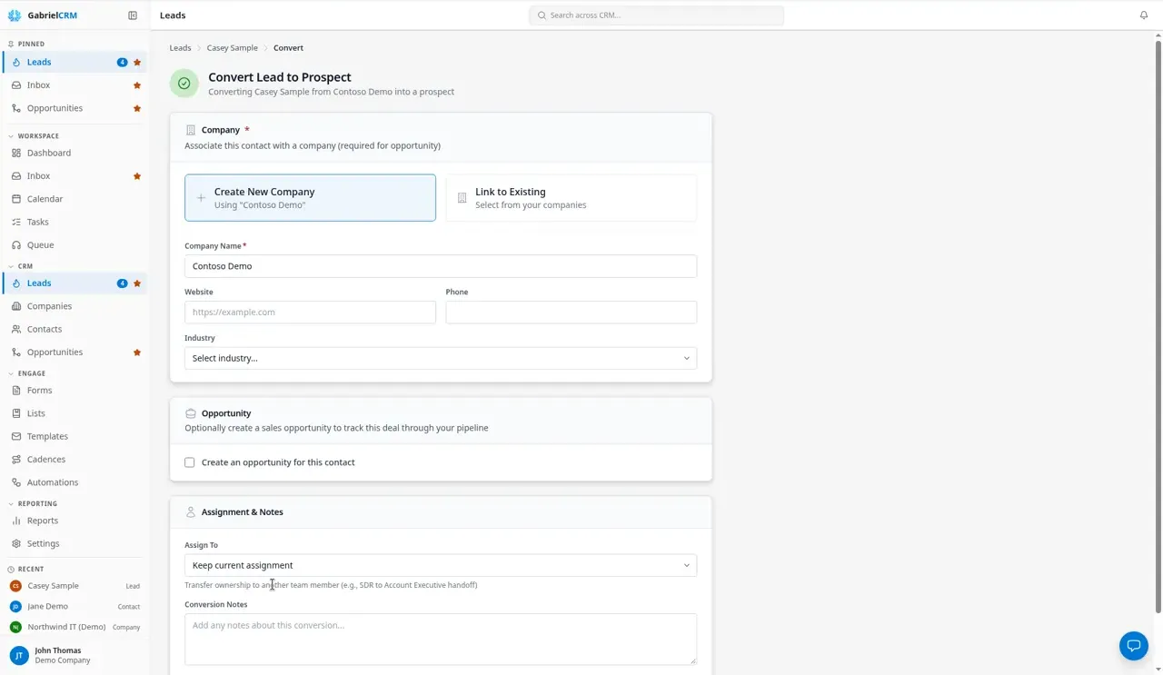 The Convert Lead to Prospect page with the Company, Opportunity and Assignment & Notes sections.