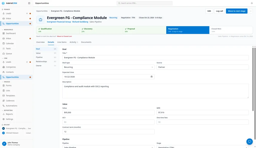 The Details tab of an opportunity with its type, value and description fields.