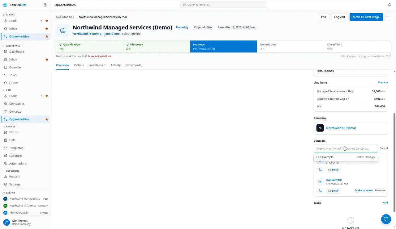 The contact picker open on an opportunity’s Overview tab, listing people at the deal’s company.