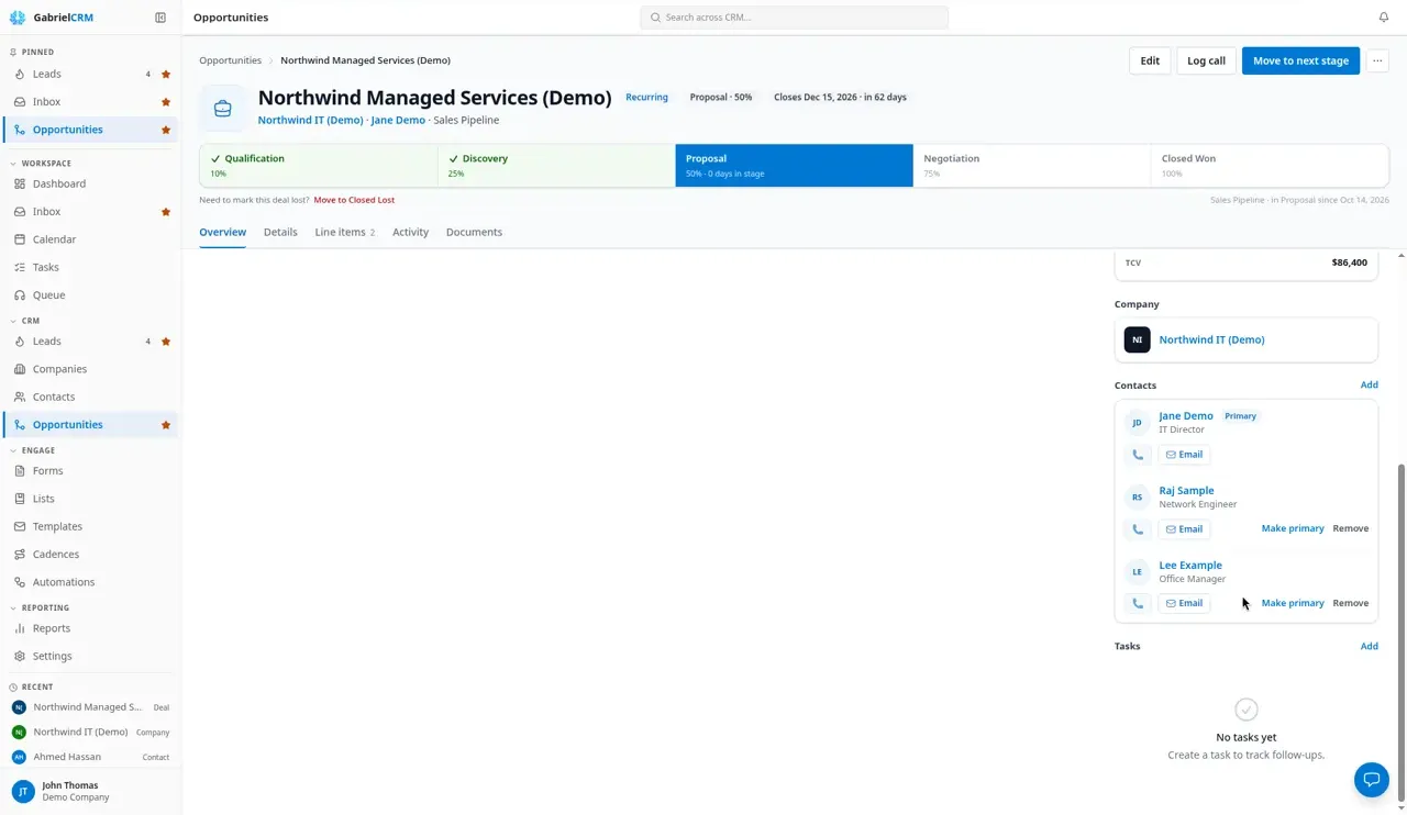 An opportunity’s Overview tab listing the primary contact and two more contacts.