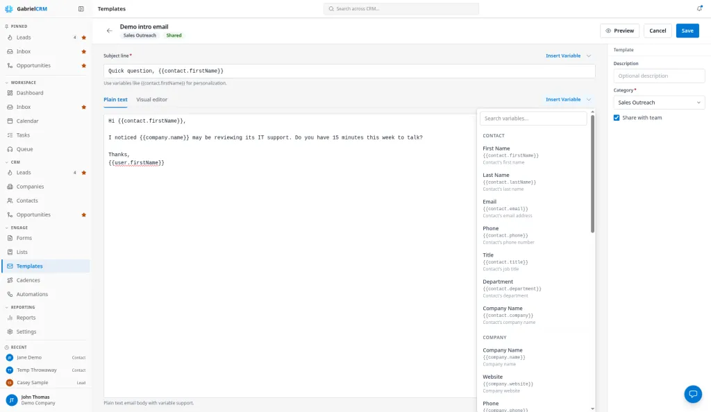 The email template editor with the merge fields list open beside the message.