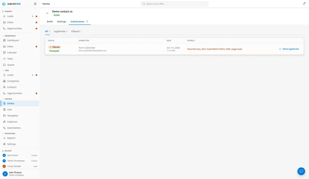 A form’s Submissions tab with a Filtered submission and its Mark legitimate button.