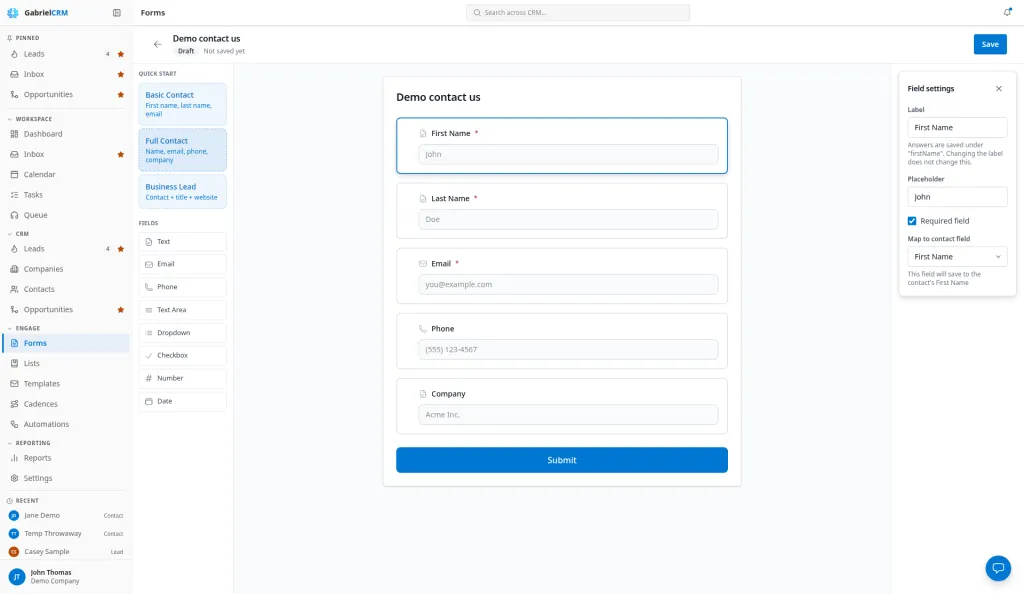 The form builder with the fields on the canvas and the form settings panel.