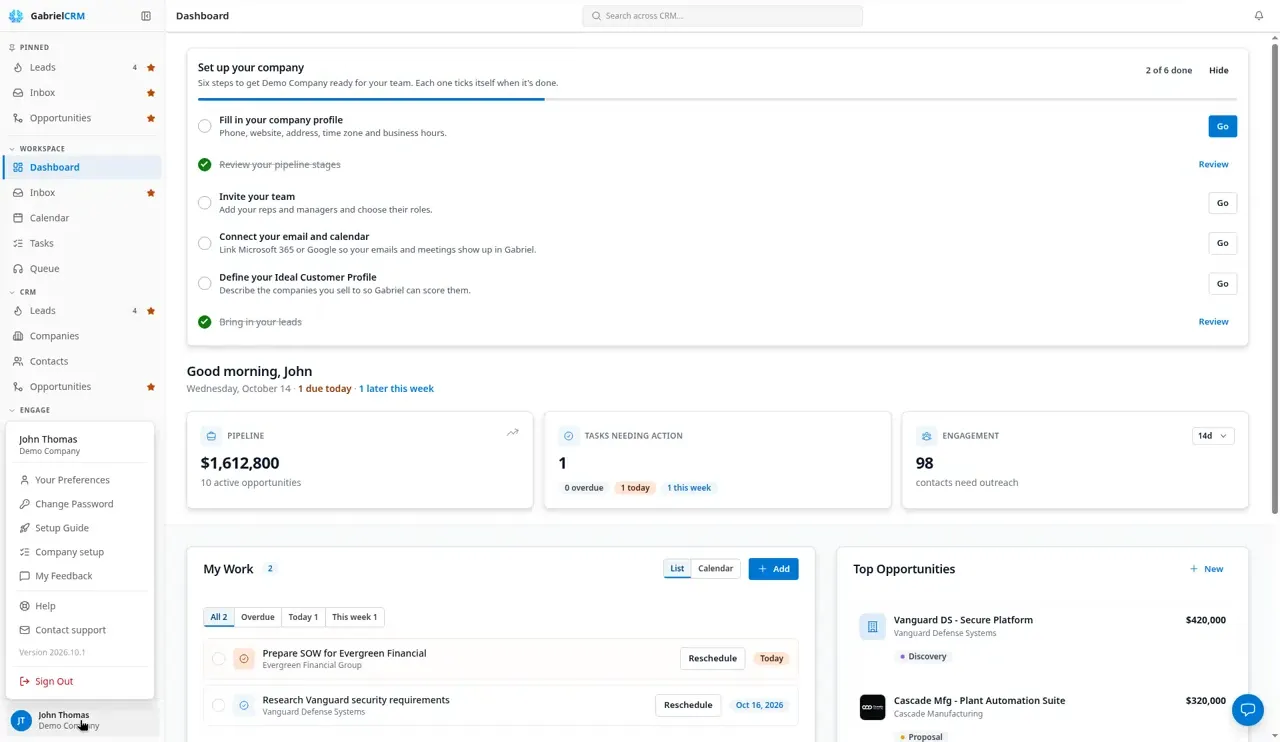 The user menu open at the bottom of the sidebar, showing the version number.