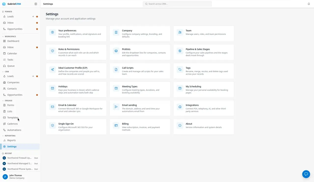 The Settings page with a tile for each settings area.