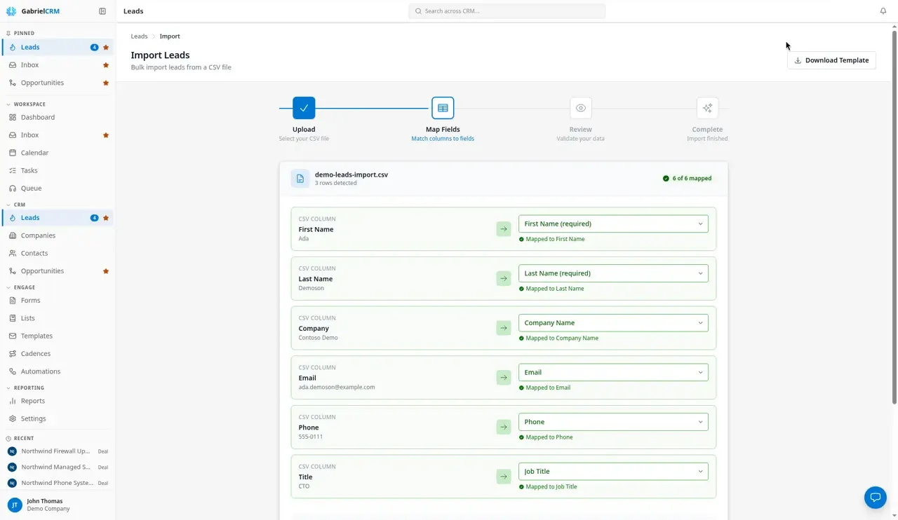 The Import Leads page on the Map Fields step, matching each file column to a Gabriel field.