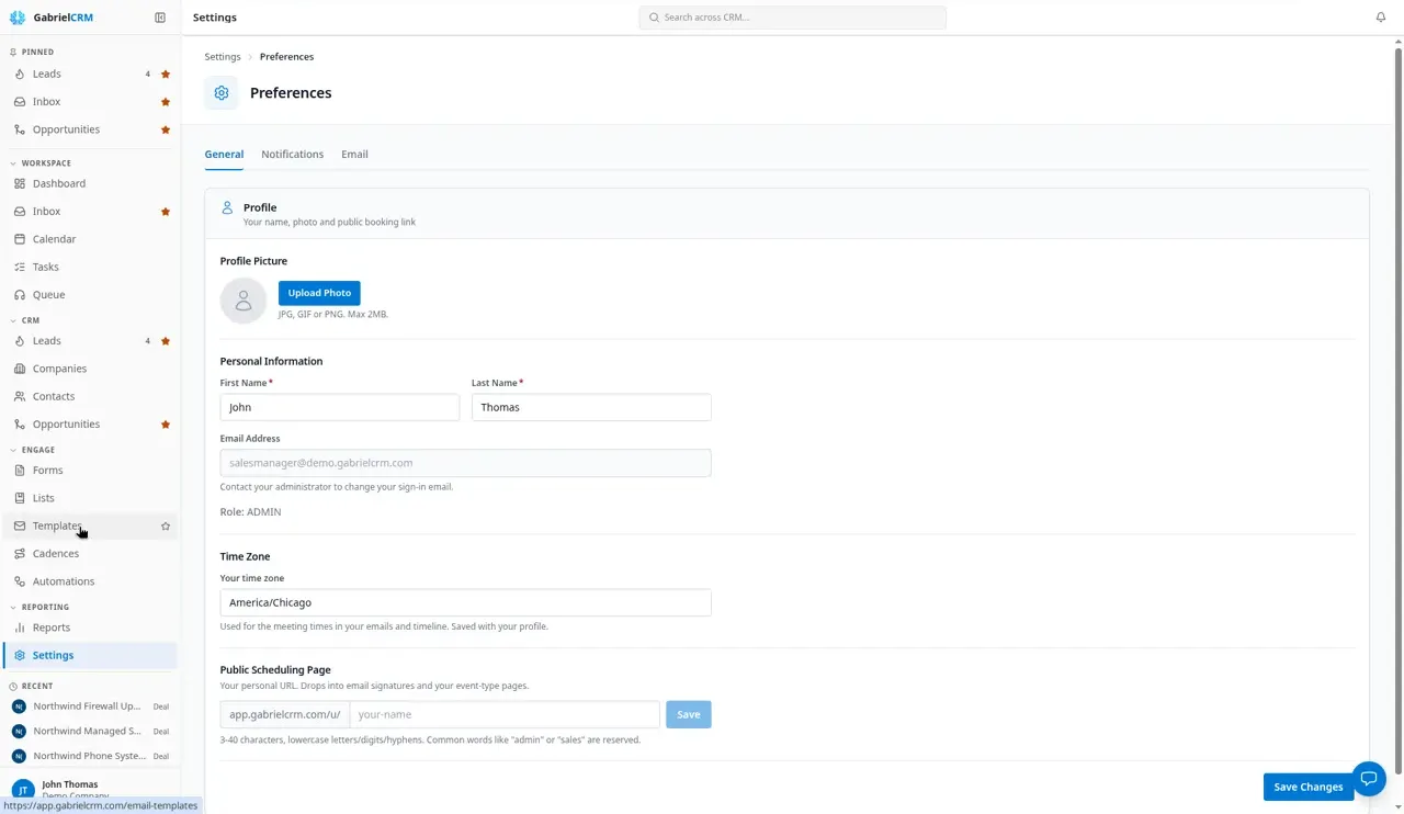 The Preferences page with the Profile form and the Save Changes button.