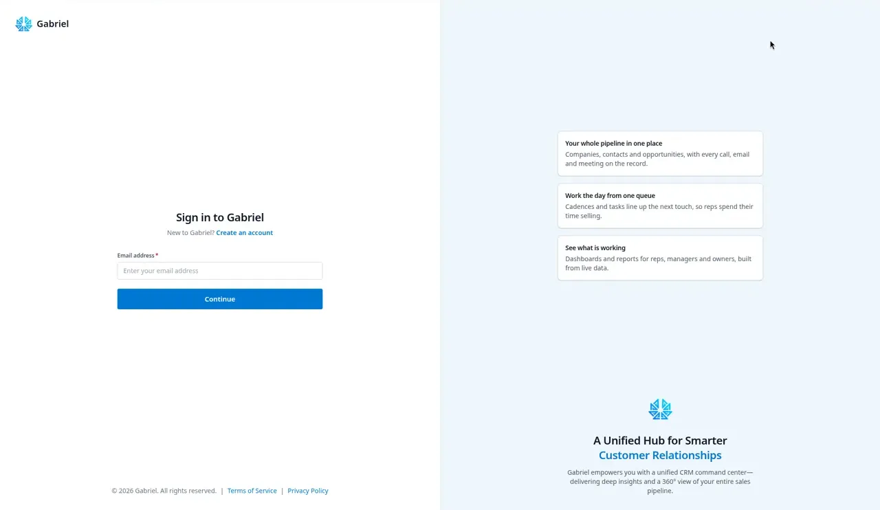 The Sign in to Gabriel page with the Email address field and the Continue button.