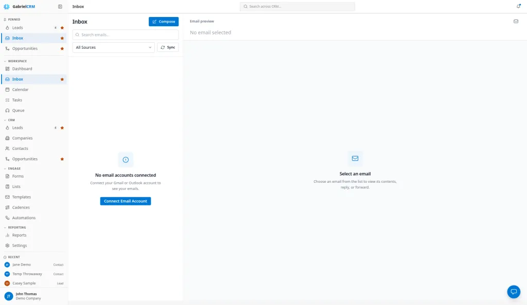 The Inbox showing No email accounts connected and the Connect Email Account button.
