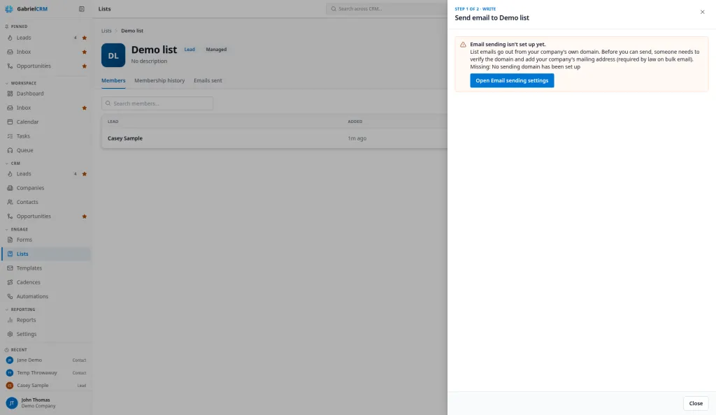 Send email on a list showing that email sending isn’t set up yet because there is no sending domain.