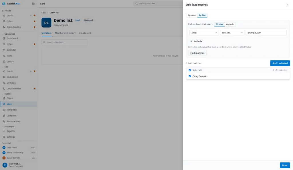 The Add records panel on the By filter tab, with a rule and the people it matches.