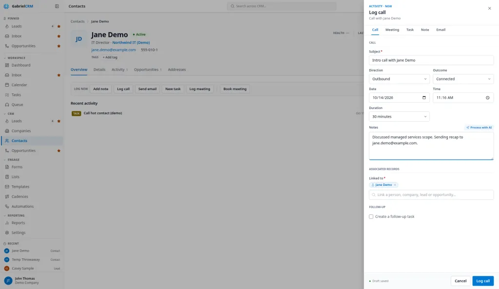 The Log call panel with the Call, Meeting, Task, Note and Email tabs.
