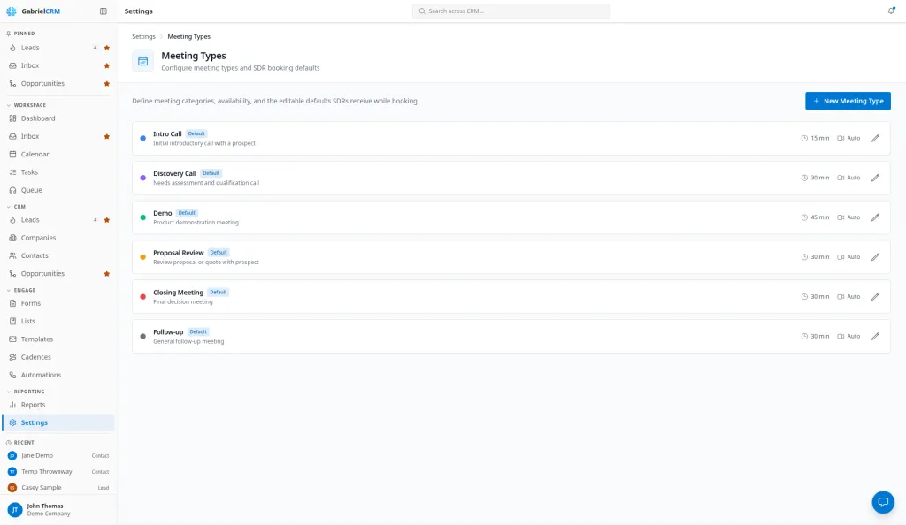 The Meeting Types page listing each meeting type with its duration.