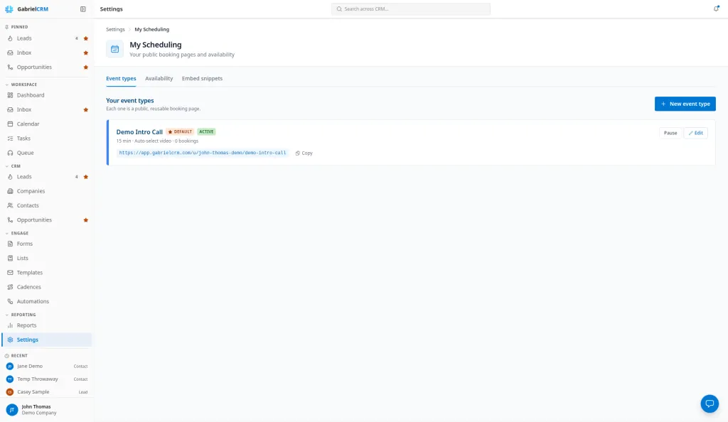 The Event types tab of My Scheduling with an event type and its booking link.