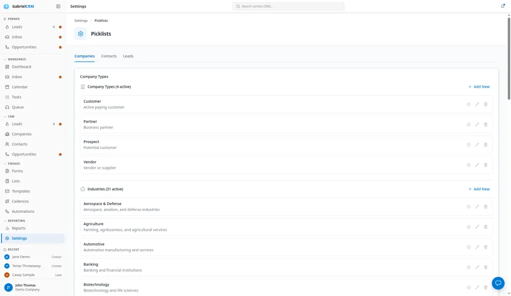 The Picklists page showing the values of one picklist.