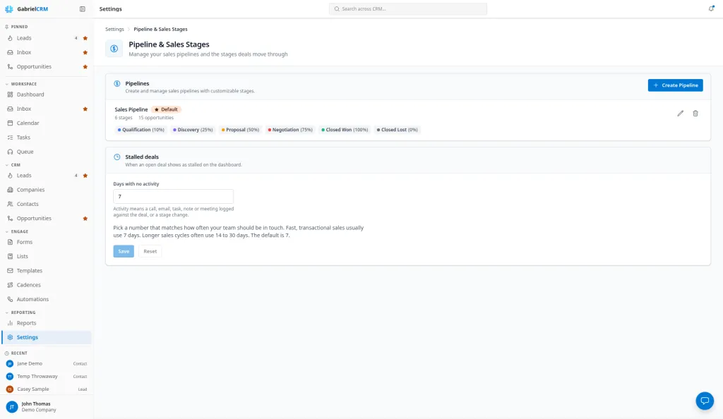 The Pipeline & Sales Stages page with a pipeline and its stages.