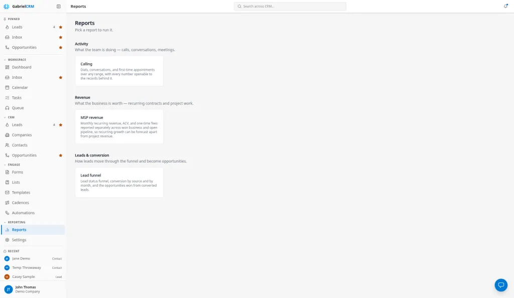 The Reports page listing each report with a short description.