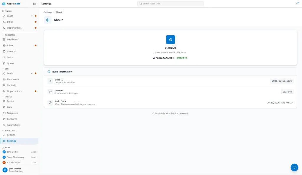The About page in Settings showing the version number and build information.