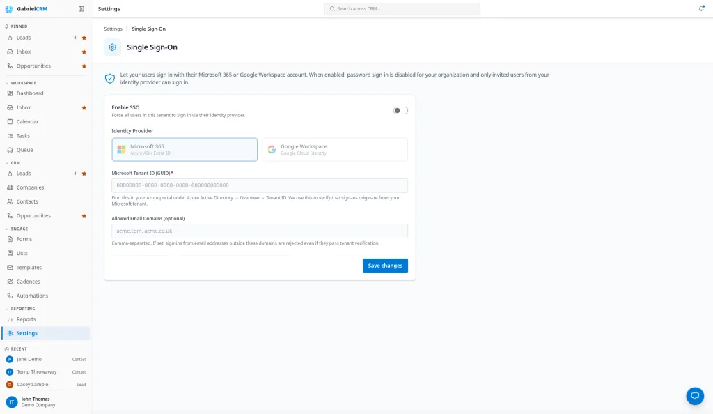 The Single Sign-On page with the provider choice and settings.