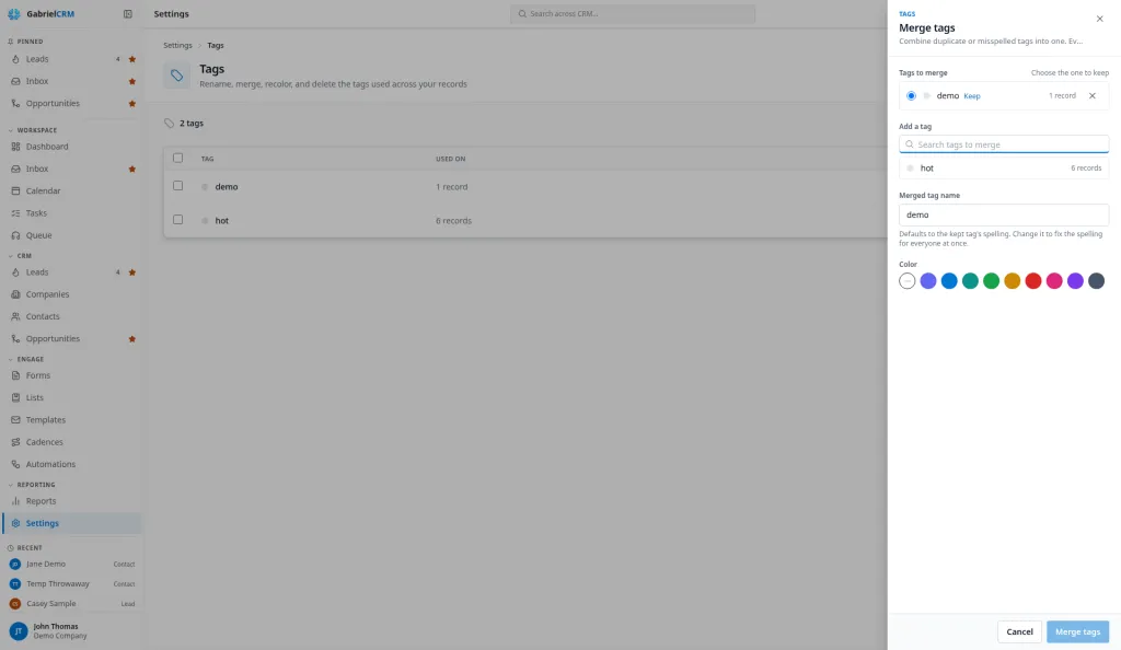 The Merge tags panel where you pick the tags to merge and the tag to keep.