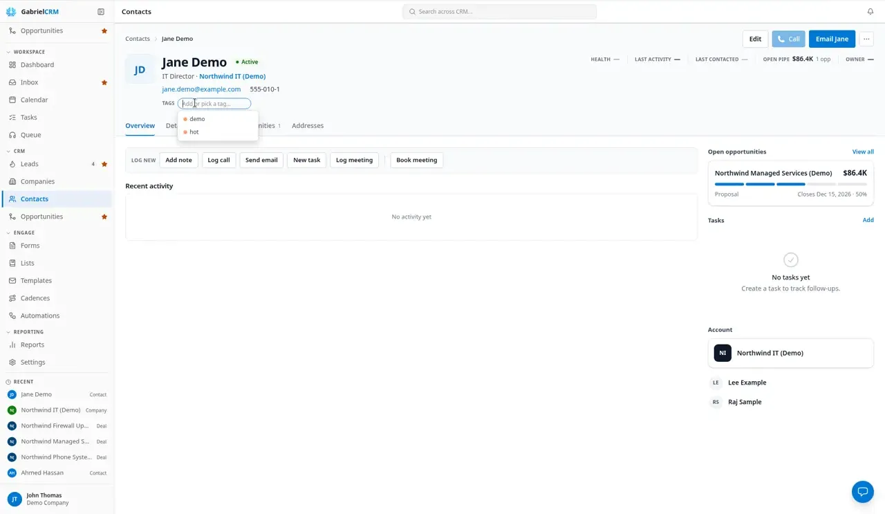 The tag picker open below a contact’s name on the contact page.