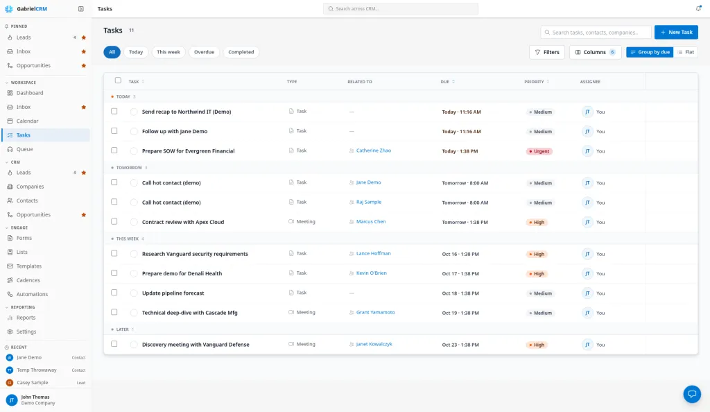 The Tasks page listing tasks grouped by due date, with quick filters at the top.