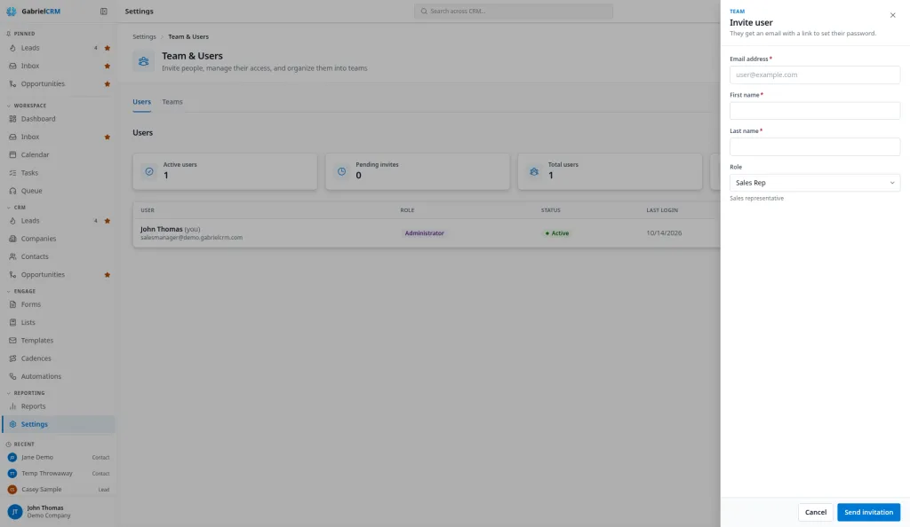 The Invite user panel open on the Team page.