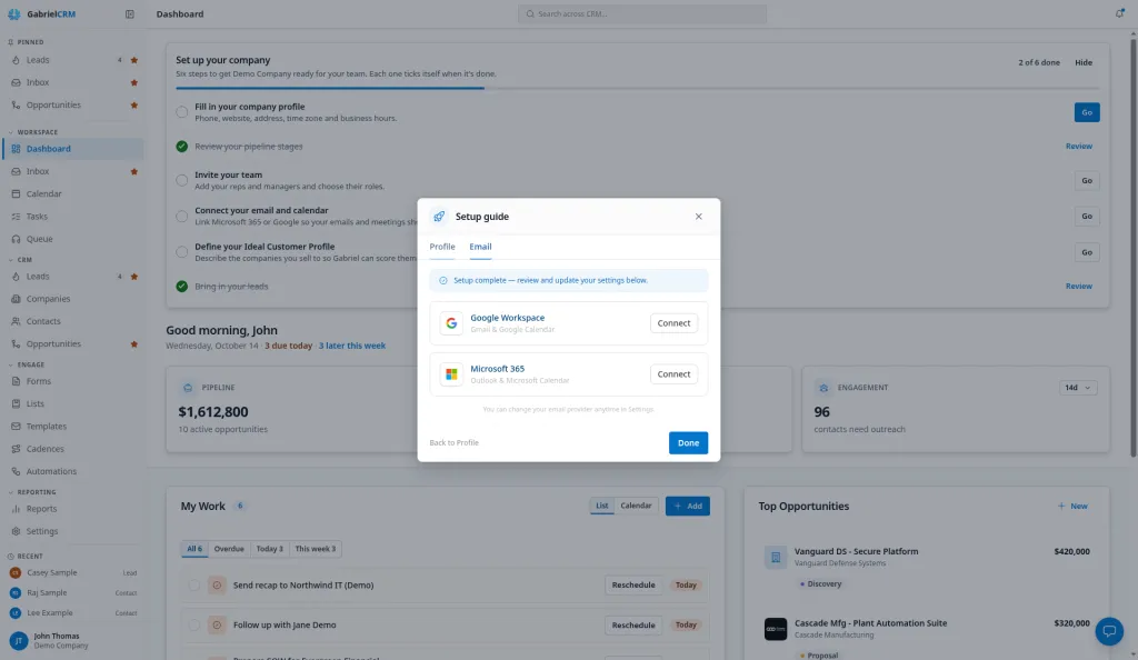 The Email tab, with Connect buttons for Google Workspace and Microsoft 365.
