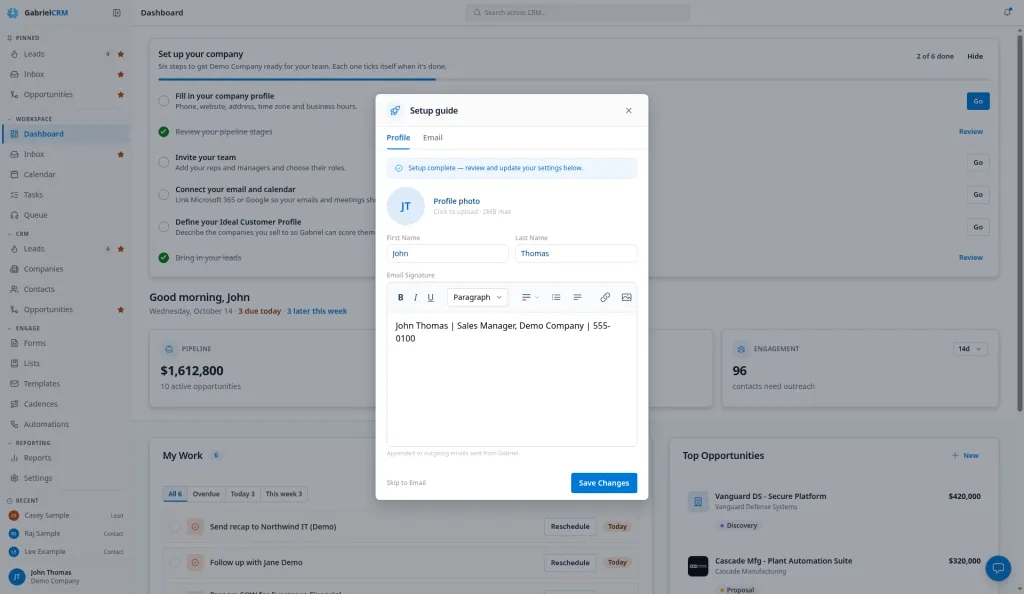 The Profile tab with a photo chosen, a name filled in and a signature typed.