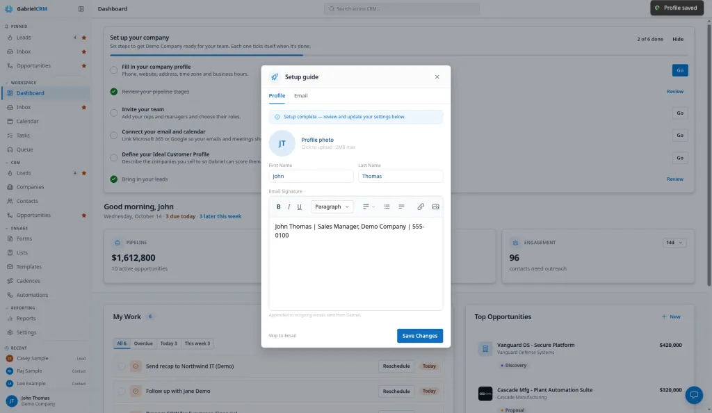 The Profile tab after saving, with the Profile saved message showing.