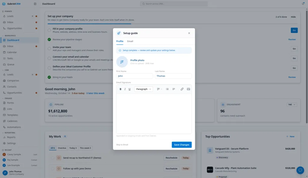 The Welcome to Gabriel window on the Profile tab, with the photo circle, name fields and email signature editor.